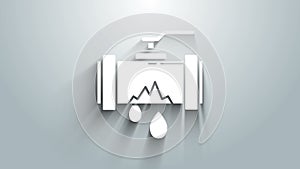 White Broken metal pipe with leaking water icon isolated on grey background. 4K Video motion graphic animation