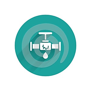 White Broken metal pipe with leaking water icon isolated with long shadow. Green circle button. Vector