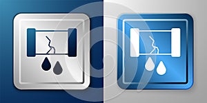 White Broken oil pipe with valve icon  on blue and grey background. Silver and blue square button. Vector