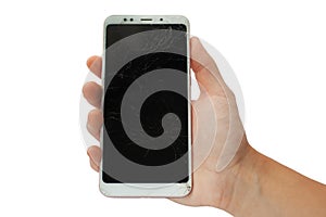 White broken   phone in male hand on white background. battered, screen sensor  isolate