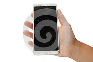 White broken   phone in male hand on white background. battered, screen sensor  isolate