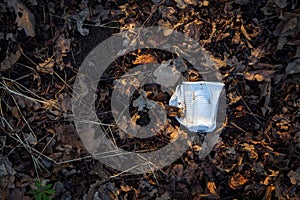 White broken plastic cup on ground between dry brown leaves. Concept environmental pollution. Copy space, top view