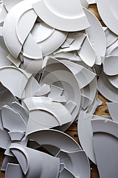 White broken plates on a wooden floor