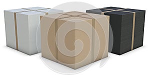 White, brown and black cardboard boxes