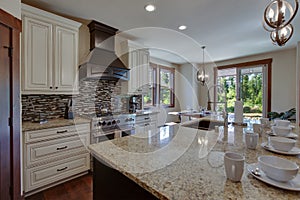 White and brown cabinets luxury huge kitchen interior with amazing details and top noch appliances