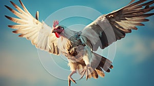 A white and brown chicken flying through a blue sky. Generative AI image.