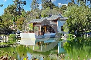 A white and brown Chinese pavilion in the garden with people walking through the pavilion near a deep green lake with lush green t
