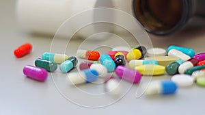White and Brown glass medicine bottles with colorful tablets, pills, capsules drugs using for treatment and cure the disease.