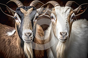 White and brown goats closeup portrait. Generative AI