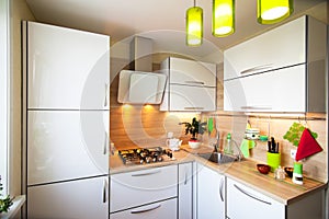 White and brown interior for small kitchen
