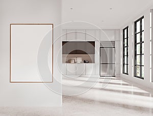 White and brown kitchen interior with poster