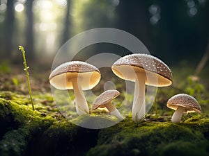 White and brown mushrooms on the moss in the forest illuminated by the sunlight