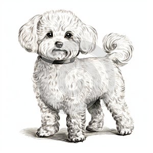 White And Brown Poodle Puppy Pencil Drawing - Black And White Grayscale Illustration