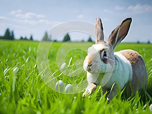 White and brown rabbit in the grass in a sunny day