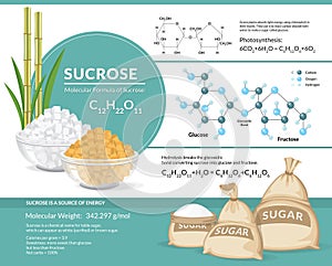 White and brown sugar cubes in bowls. Structural chemical formula and model of sucrose