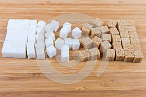 White and brown sugar cubes on a wooden surface photo