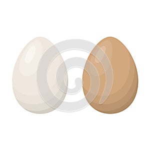 White and brown whole chicken eggs isolated on white background. Dark and light eggshell. Flat design for menu, cafe