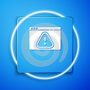 White Browser with exclamation mark icon isolated on blue background. Alert message smartphone notification. Blue square