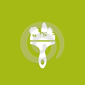 White brush with forest. Flat icon isolated on green background. Vector illustration. ecology, eco friendly concept