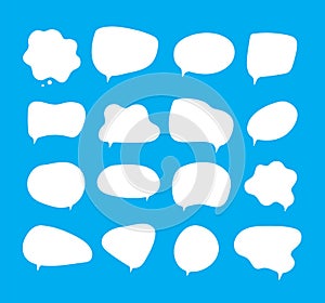 White bubbles talk. Speech bubbles different shapes on blue background comment clouds shouting voice vector pictures