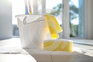 White bucket, yellow sponge and a cloth in sunny living room. Cleaning supplies and equipment stored in cabinet