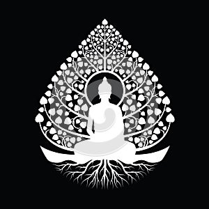 White Buddha Meditation under bodhi tree with leafs and root sign, abstract drop water shape style on black background vector