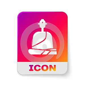 White Buddhist monk in robes sitting in meditation icon isolated on white background. Rectangle color button. Vector