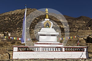 White Buddhist Stupa Monument Prayer Flags Manang Village Nepal Himalaya Mountains Annapurna Circuit