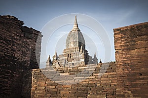 White buddhist temple, Bagan city, Myanmar, Burma.