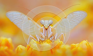 A white bug with a red head is on a yellow flower