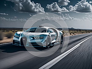 White Bugatti Chiron speeding down the highway photo