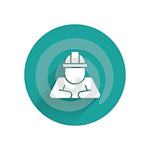 White Builder icon isolated with long shadow. Construction worker. Green circle button. Vector