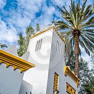 White building in the palm grove of Elche