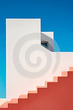 White building with red and pink staircase and blue sky. Generative AI