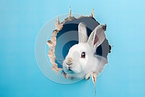 White bunny appears from building blue gap. Generate ai
