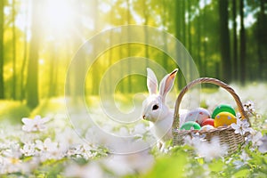 White bunny and basket with Easter eggs in the forest, selective focus - season greeting card