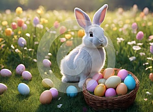 white bunny with a basket of painted eggs on the meadow.