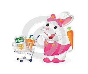 White bunny with carrot in a cart