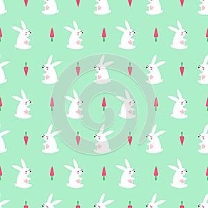 White bunny with carrot seamless pattern mint green background.