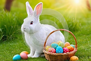 white bunny and colorful Easter eggs in basket on green grass with sunshine