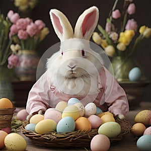 The white bunny dressed up prepared a basket with colorful Easter eggs