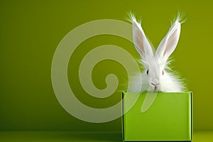 White bunny ears emerge from a green gift box on olive isolated background. Whimsical Easter Bunny Ears Popping Out of a