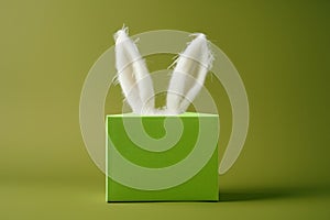 White bunny ears emerge from a green gift box on olive isolated background. Whimsical Easter Bunny Ears Popping Out of a