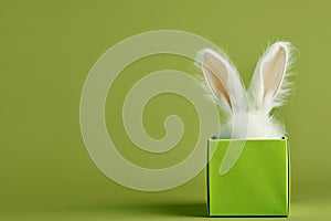 White bunny ears emerge from a green gift box on olive isolated background. Whimsical Easter Bunny Ears Popping Out of a