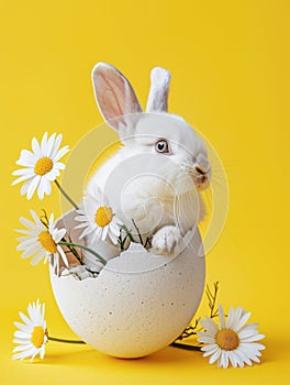 White bunny in an Easter egg with daisy flowers on yellow background. Greetings card, poster, flayer, banner concept