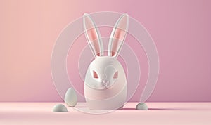 a white bunny with its eyes closed and three eggs in front of it on a pink surface with a pink wall in the back ground