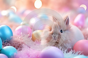 White bunny with pastel Easter eggs blurred background