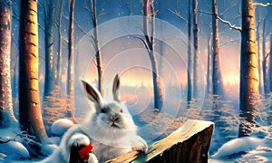 White bunny rabbit in a beautiful winter forest. Digital artwork