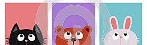 White bunny rabbit, black cat kitten, brown bear head face looking up. Forest animal square icon set. Cute cartoon kawaii baby