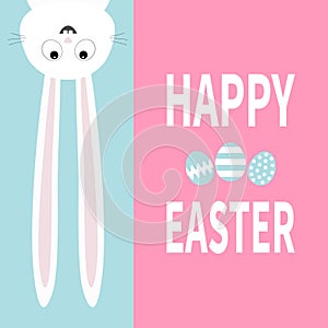 White bunny rabbit hanging upside down Big paper signboard. Cute cartoon funny animal. Happy Easter. Lettering text. Painting egg.